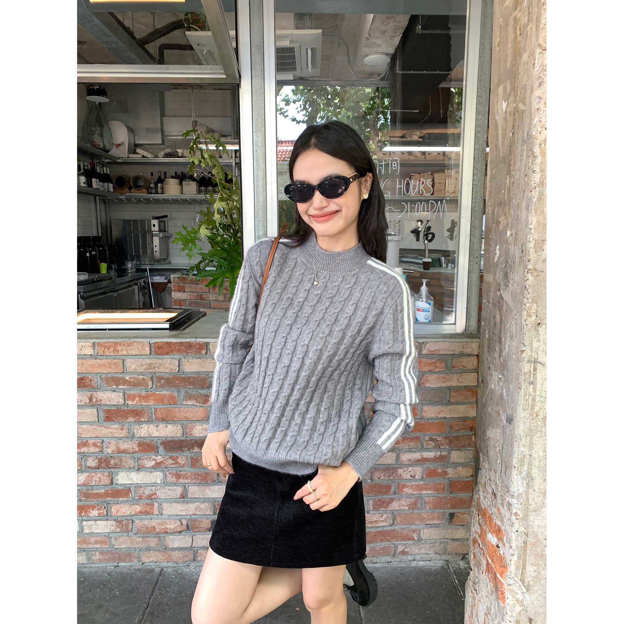 pusumede套头毛衣女麻花半高领针织衫外穿秋冬宽松休闲设计感上衣