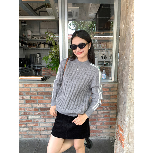 pusumede【现货6折】套头毛衣女麻花半高领针织衫宽松休闲上衣