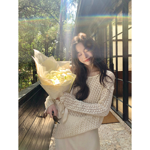 罩衫 pusumede 女慵懒宽松微透长袖 设计感圆领镂空针织衫 松弛配方