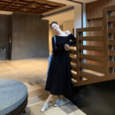 连衣裙女露肩修身 性感斜肩长袖 针织拼接长裙 黑予涩谷 pusumede