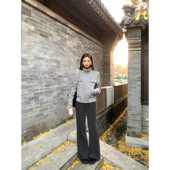 pusumede 女慵懒感加厚显瘦阔腿长裤 简约松弛 灰色高腰微喇休闲裤