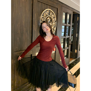 7.8折u领长袖 pusumede 25新品 「4色可选」 针织上衣弹力t恤女