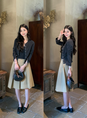 pusumede 秋枫限定 M1U系卡其色高腰半身裙女显瘦气质A字百褶裙裤