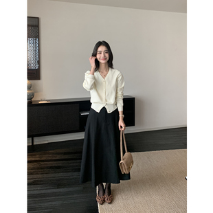 裙子 压褶a字裙高腰百搭气质中长款 pusumede黑色西装 半身裙女新款