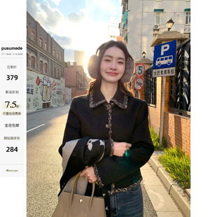 pusumede miu系名媛 小香风翻领毛呢外套女气质宽松短款呢子上衣
