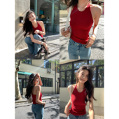 pusumede 多彩夏日 辣妹挂脖吊带上衣女设计感后背镂空红色背心