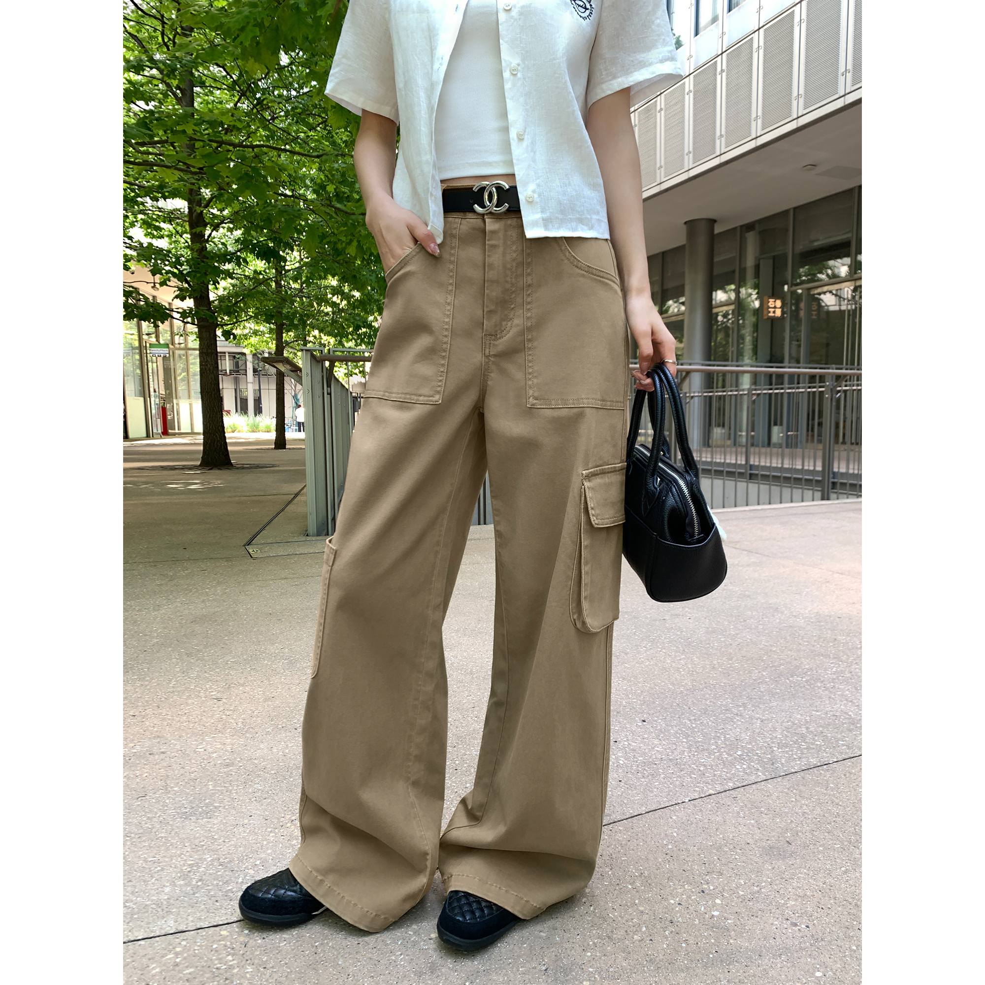 pusumede多口袋卡其色工装牛仔裤女宽松直筒阔腿裤高腰休闲裤长裤