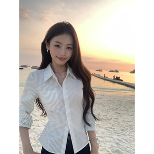 线条韵律 女通勤修身 经典 衬衫 系带收腰衬衣 条纹翻领长袖 pusumede