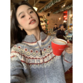 外套 宽松慵懒拉链针织开衫 pusumede 复古费尔岛提花毛衣秋冬新款