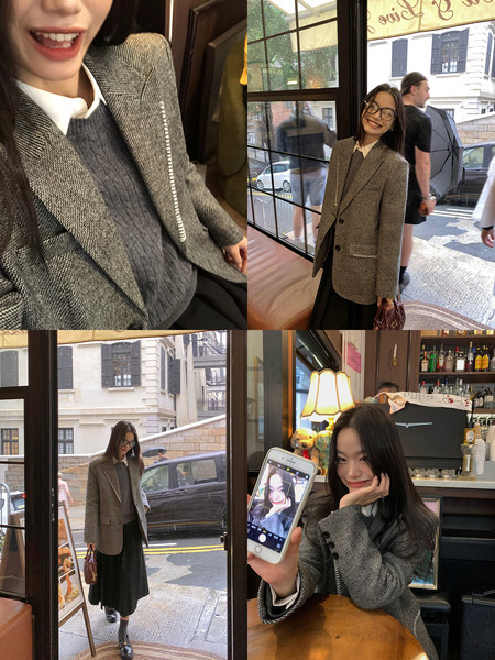 Women wearing a tweed blazer with a white-collar shirt in indoor and outdoor photos