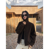 pusumede 柏林往事 做旧复古仿麂皮翻领皮夹克女宽松拉链休闲外套