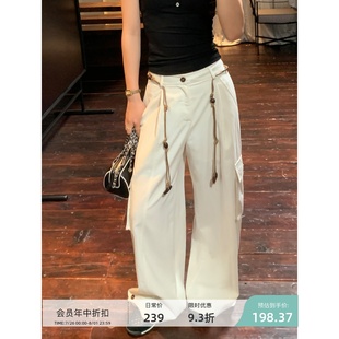 褲 pusumede 高腰多口袋工裝 女杏色寬松闊腿休閑直筒長(zhǎng)褲 編織腰繩