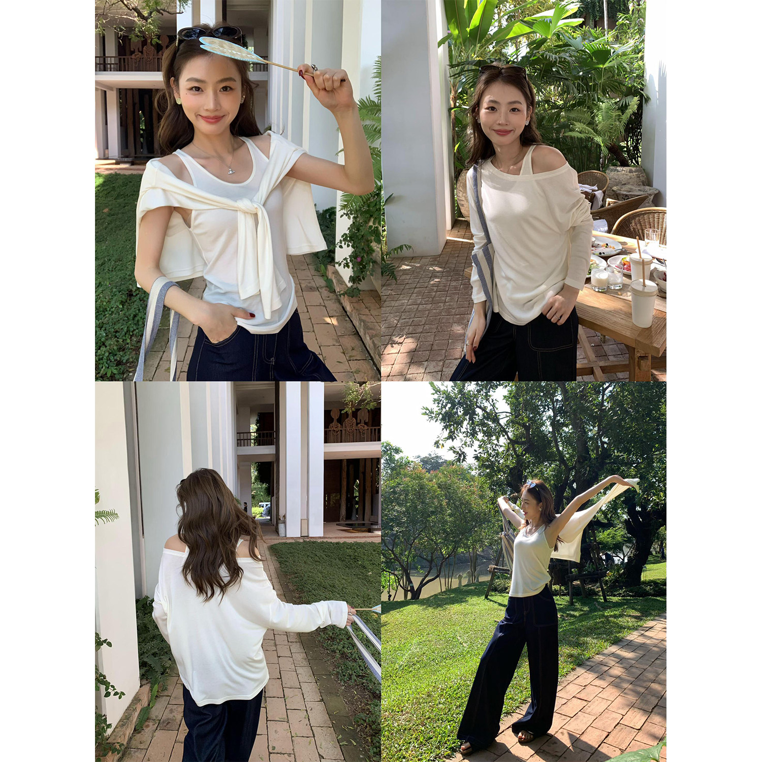 pusumede真两件套！设计感斜露肩长袖t恤女罩衫+吊带背心针织上衣,女装/女士精品,T恤,淘宝优惠券,粉丝福利购,淘宝优惠卷