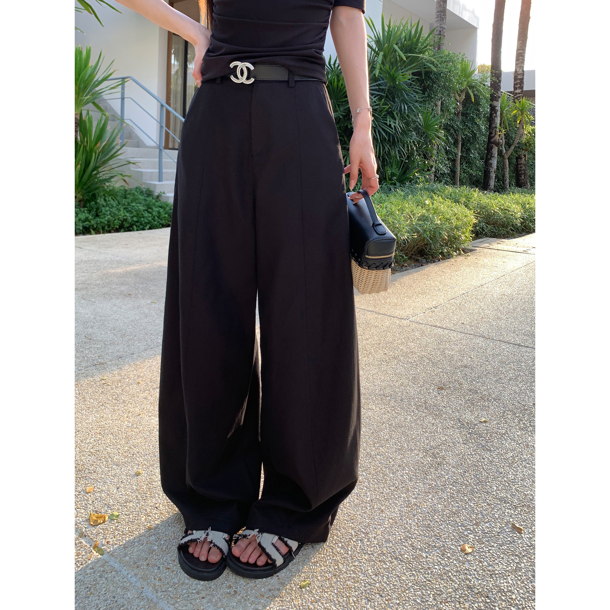 pusumede 工装酷感 莱赛尔高腰弯刀休闲裤女慵懒风宽松阔腿拖地裤