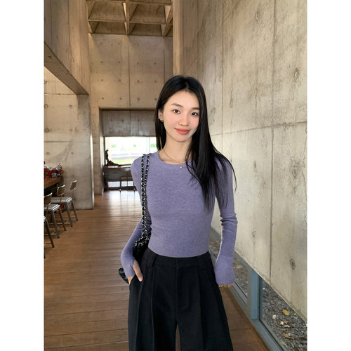 pusumede 基础公式 短款圆领针织衫女内搭打底衫修身百搭长袖上衣