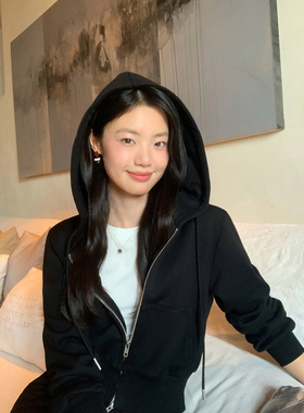 pusumede【现货7折】黑色连帽卫衣套装开衫外套女半身裙包臀短裙