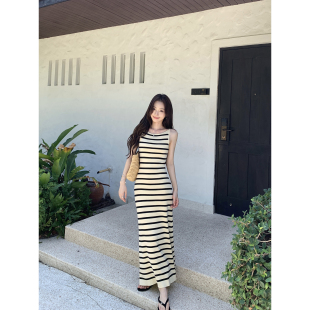 显瘦背心包臀长裙 莱赛尔条纹吊带连衣裙女修身 pusumede 梨泰院织
