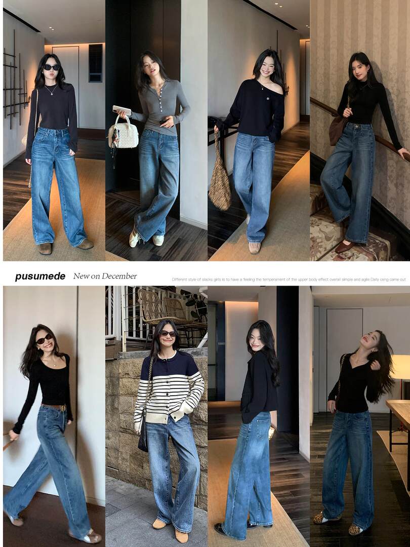 Fashion collage of women wearing wide-leg blue jeans and black tops