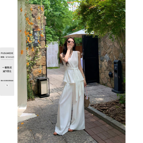 pusumede老钱调调 v领无袖绑带收腰小衫上衣女垂感阔腿休闲裤套装