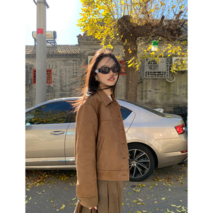 pusumede 温暖冬日 复古麂皮绒夹克女休闲可拆毛领短款毛毛外套