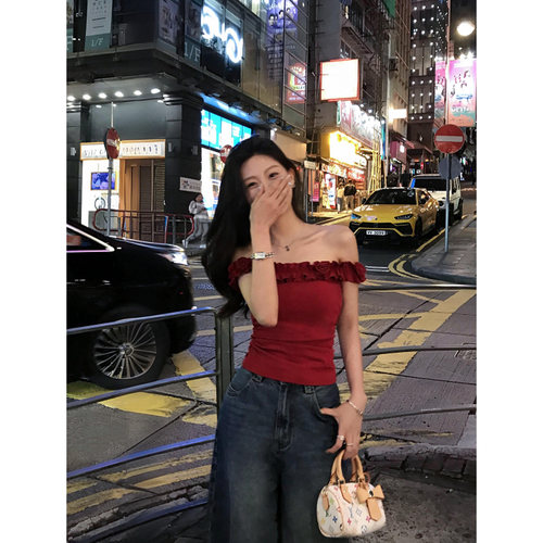 立体花朵一字肩无袖t恤女