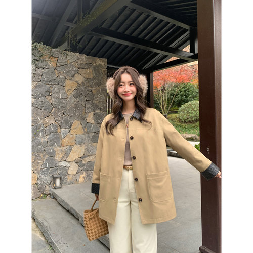 pusumede 北欧港湾 复古巴恩风廓形风衣女气质宽松中长款裥棉外套