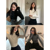 pusumede t恤上衣 显瘦气质长袖 黑色半高领打底针织衫 女秋冬韩版