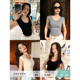 小飞袖 pusumede灰色U领针织短袖 短款 t恤女夏季 天丝上衣 设计感修身