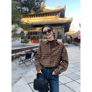 pusumede复古磨毛格子衬衫 衬衣设计感叠穿上衣 女外穿宽松休闲长袖