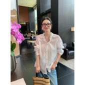 pusumede 白色木耳边v领衬衫 女1OO苎麻防晒衬衣设计感气质上衣