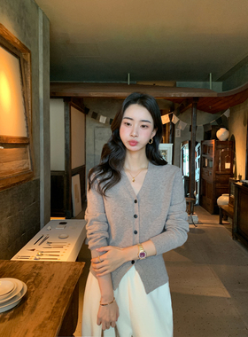 pusumede格织晚秋 100%羊毛V领开衫外套女气质宽松短款针织衫上衣