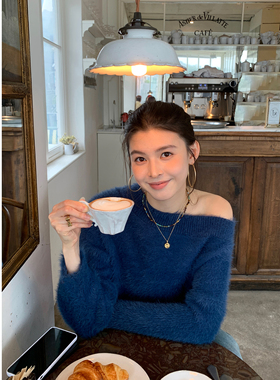 pusumede 绒绒暖阳 气质一字肩仿貂毛衣女软糯宽松慵懒露肩上衣