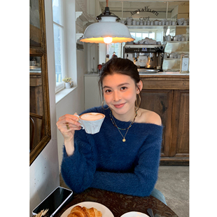 pusumede 气质一字肩仿貂毛衣女软糯宽松慵懒露肩上衣 绒绒暖阳