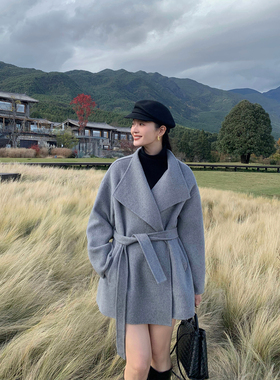 pusumede灰色高级感收腰毛呢外套女秋冬气质羊毛双面呢短款大衣