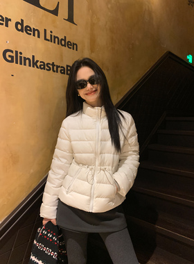 pusumede黑色立领轻薄羽绒服女冬季宽松收腰休闲白鸭绒短款外套