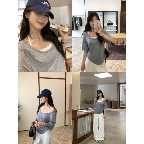 pusumede  慵懒u领短袖t恤女夏季叠穿抹胸吊带背心针织上衣两件套