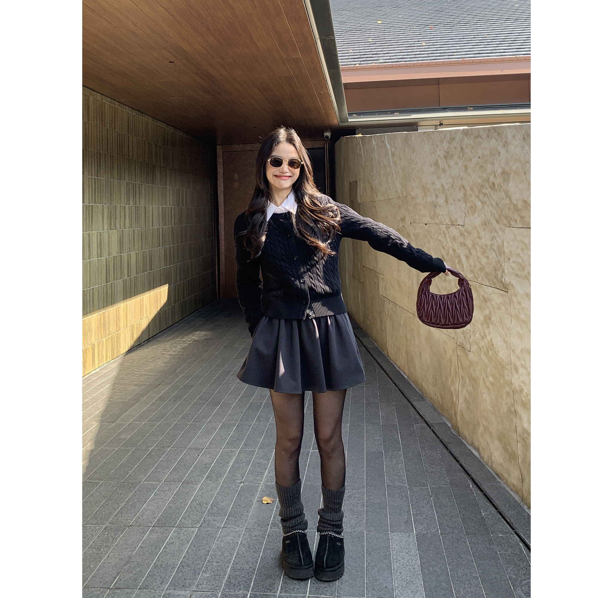 pusumede 梦野长廊 黑色松紧腰a字半身裙女气质显瘦百褶蓬蓬短裙