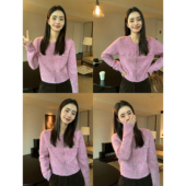 气质针织上衣 复古小香风短款 pusumede圆领毛衣开衫 外套女秋冬法式