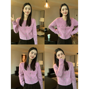 pusumede圆领毛衣开衫外套女秋冬法式复古小香风短款气质针织上衣