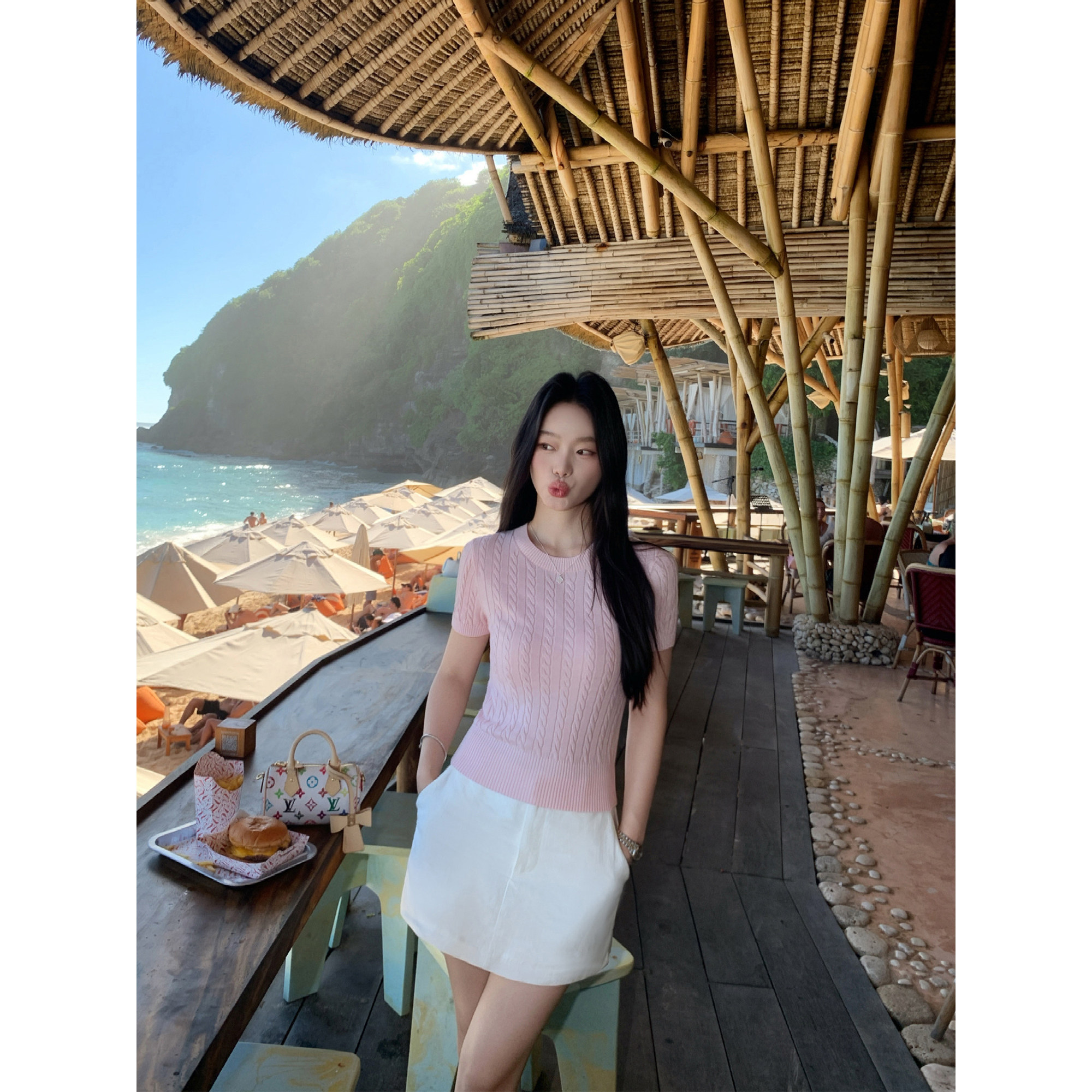 pusumede满分绞花 经典麻花短袖针织衫女莱赛尔棉薄款圆领T恤上衣