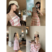 吸睛红白格系列 pusumede 现货7折 复古格子吊带连衣裙抹胸裙子