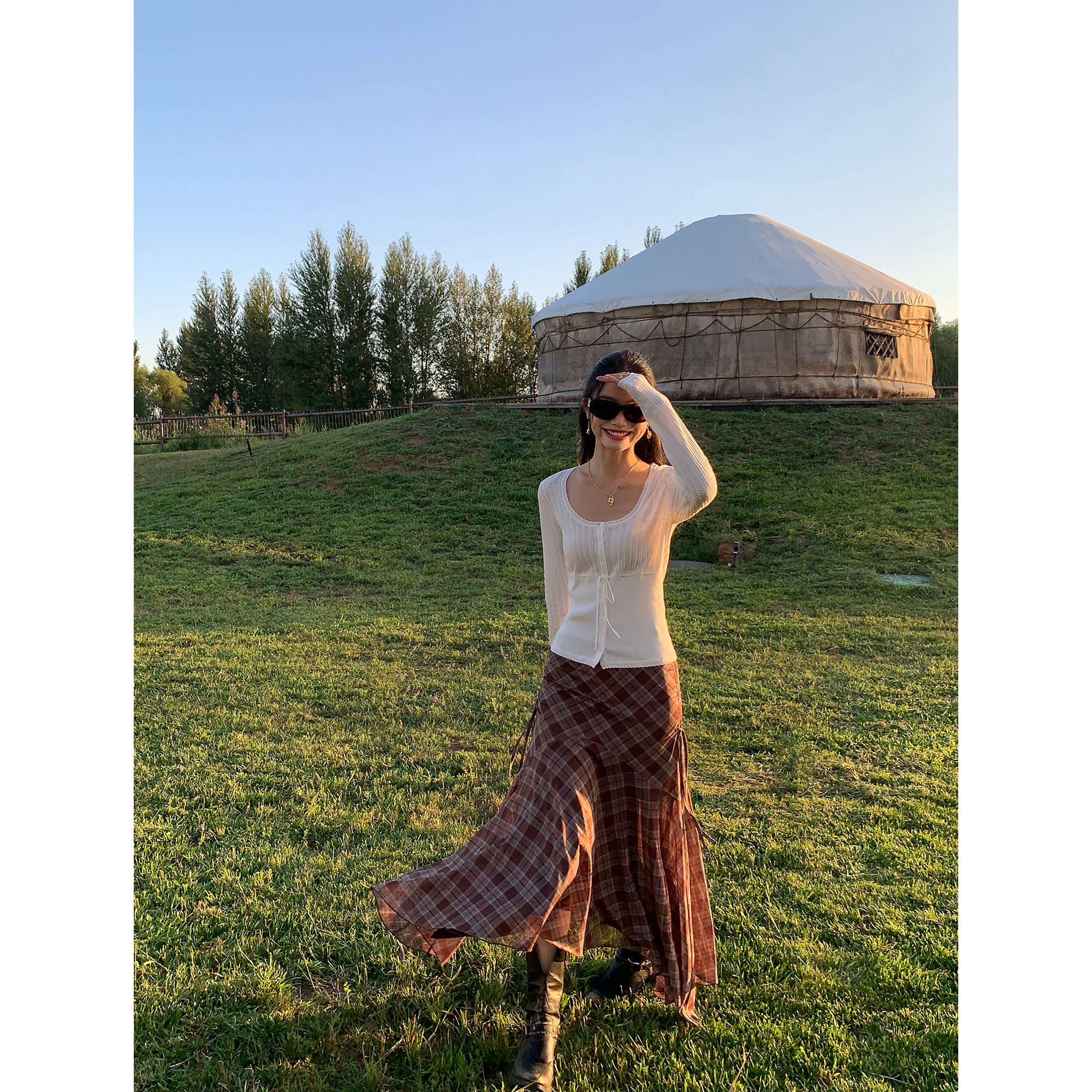 几何棋盘网纱格纹半身裙短裙