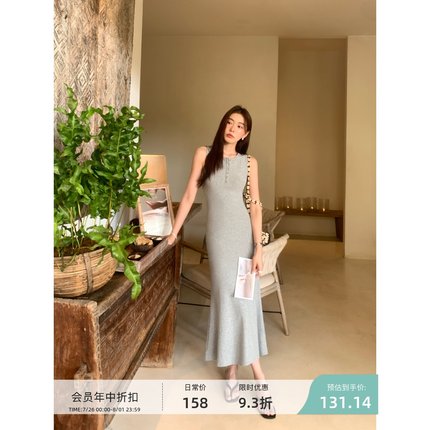 pusumede 黑色针织连衣裙女无袖背心裙气质修身收腰中长款鱼尾裙