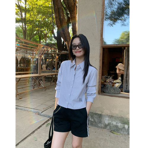 条纹长袖衬衫miu系衬衣短款上衣
