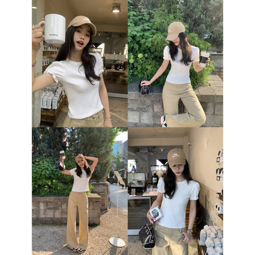 pusumede简约不失别致 圆领泡泡袖t恤女木耳边设计感短袖正肩上衣