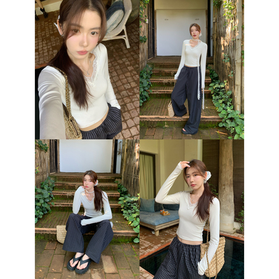 蕾丝拼接v领长袖t恤女设计感