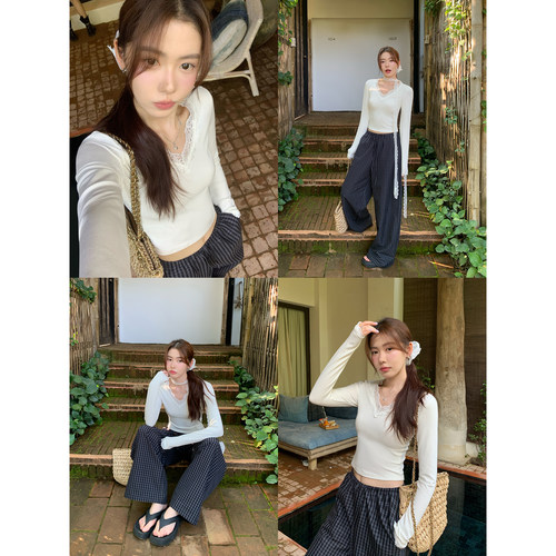 蕾丝拼接v领长袖t恤女设计感