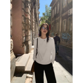 打底衫 pusumede极简主义 白色长袖 女宽松圆领t恤休闲正肩针织上衣