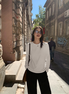 pusumede极简主义 白色长袖打底衫女宽松圆领t恤休闲正肩针织上衣