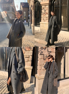 pusumede【现货7.5折】1OO羊毛双面呢大衣女中长款人字纹毛呢外套